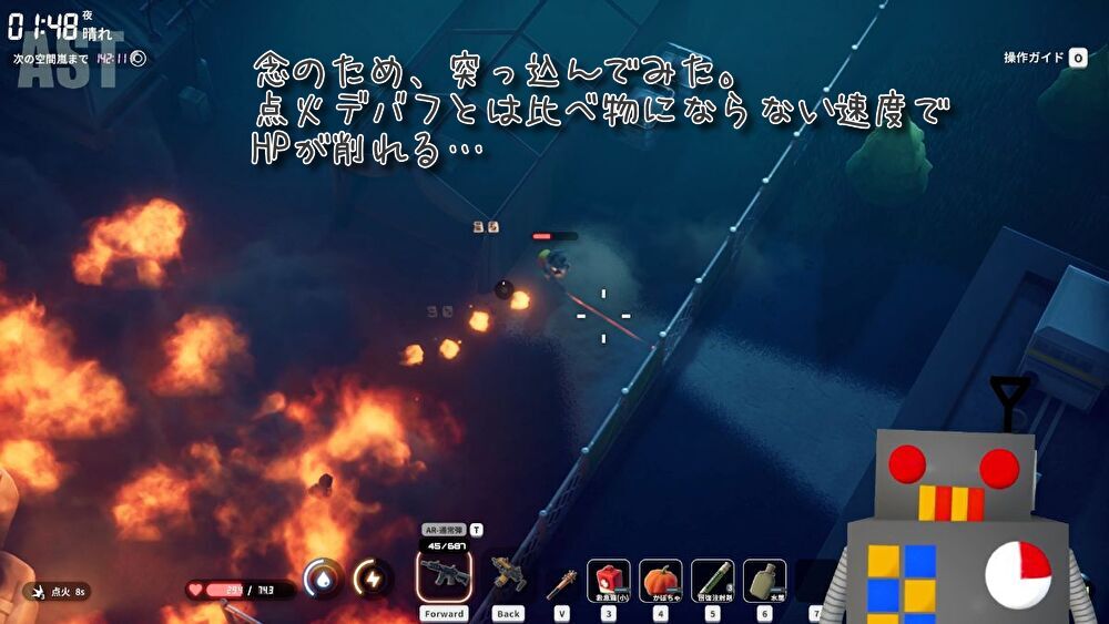 燃え盛るエリアに突入し、点火デバフ以上の継続ダメージを受けている様子